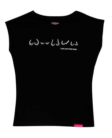 Czarna koszulka z grafiką piersi i napisem "Love your body baby" - rozmiar L/XL